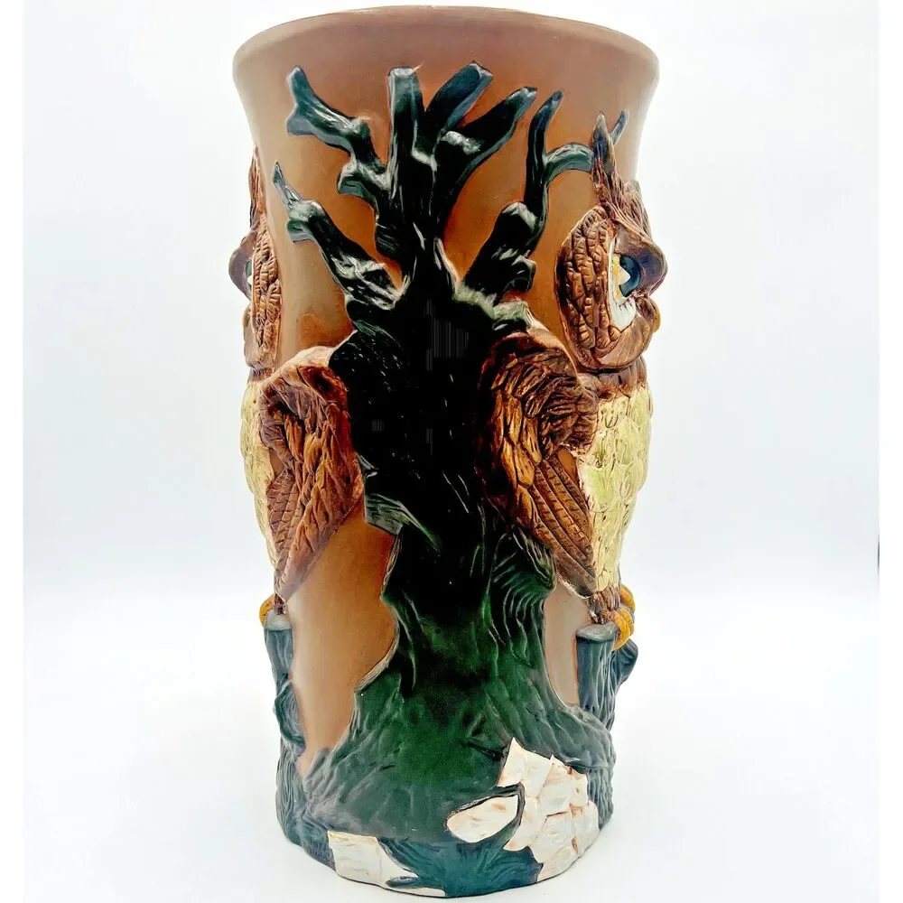 Vtg Ceramic Owl Umbrella Stand Holder 16 inches Floor Vase